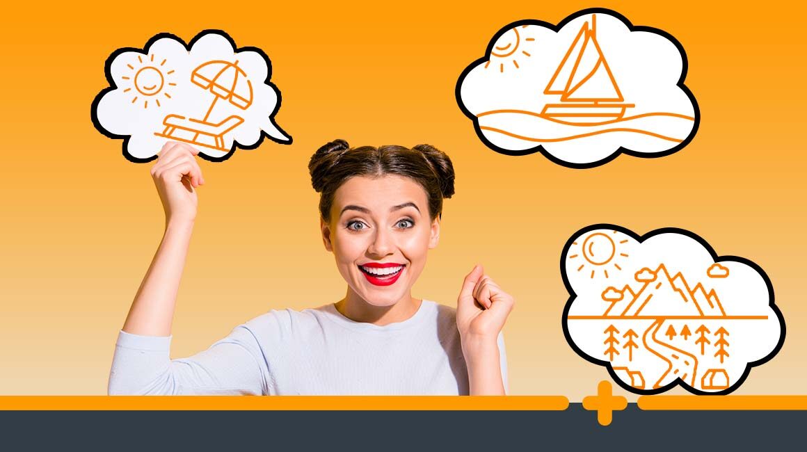 Zadowolona kobieta z myślami o podróżach – ilustracje urlopu w chmurkach